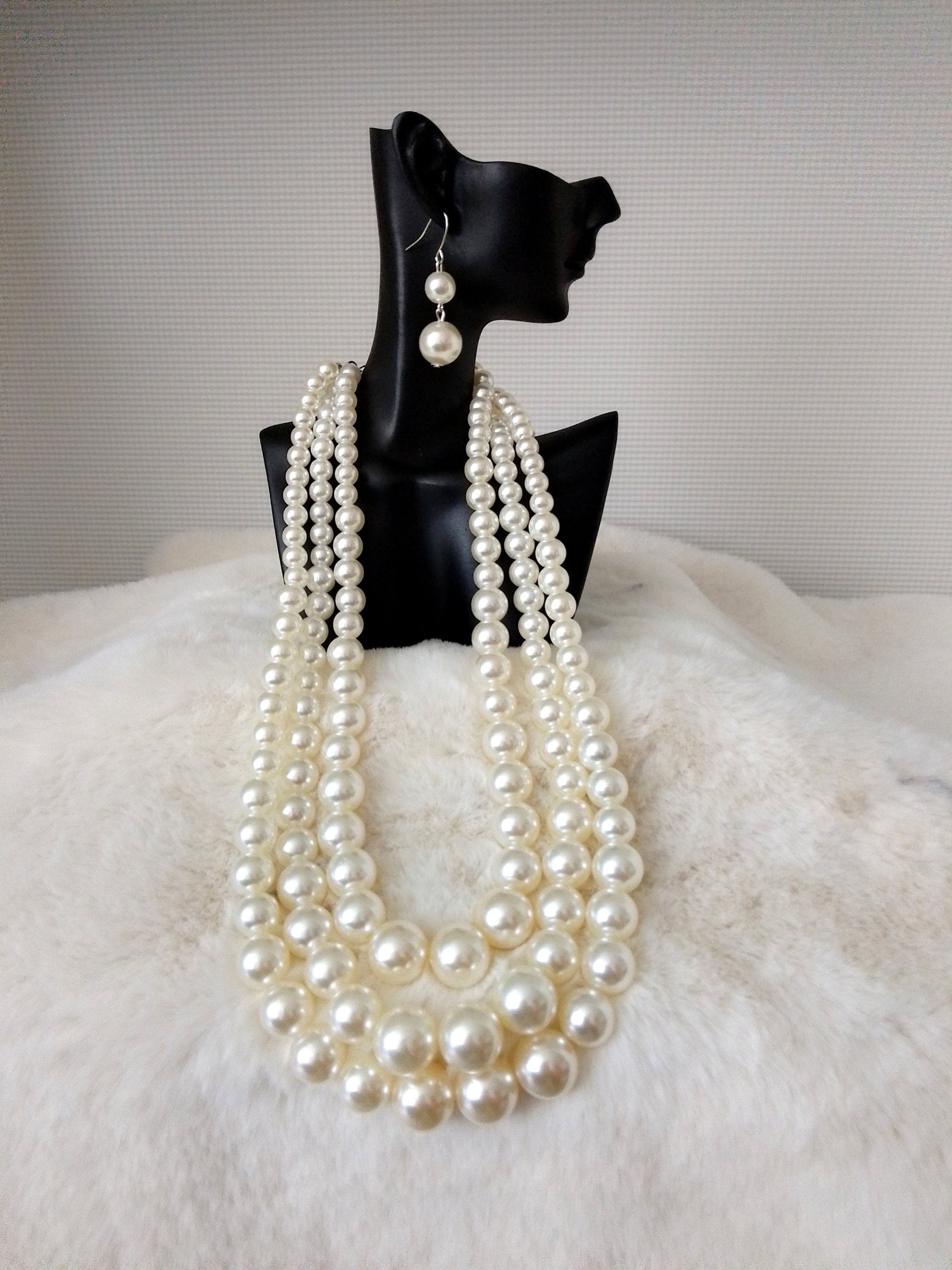 3 Layered Pearl Choker Necklace Statement with earrings - Naturally Me