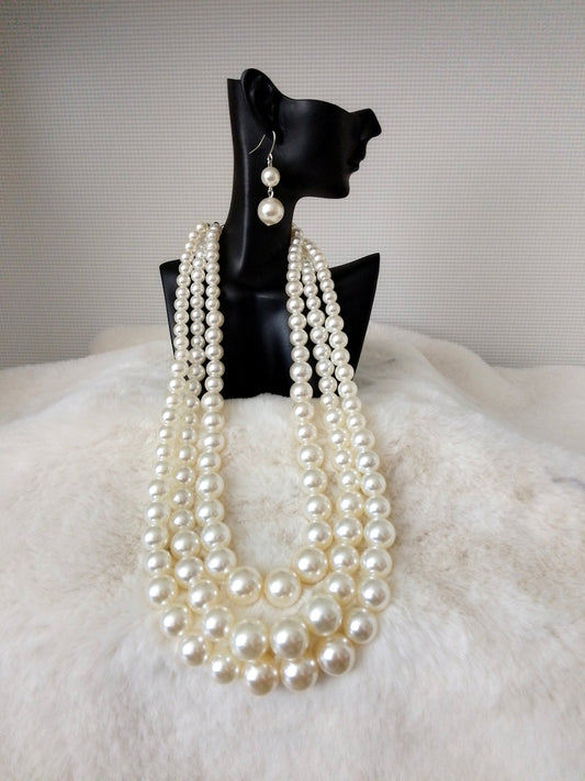 3 Layered Pearl Choker Necklace Statement with earrings - Naturally Me